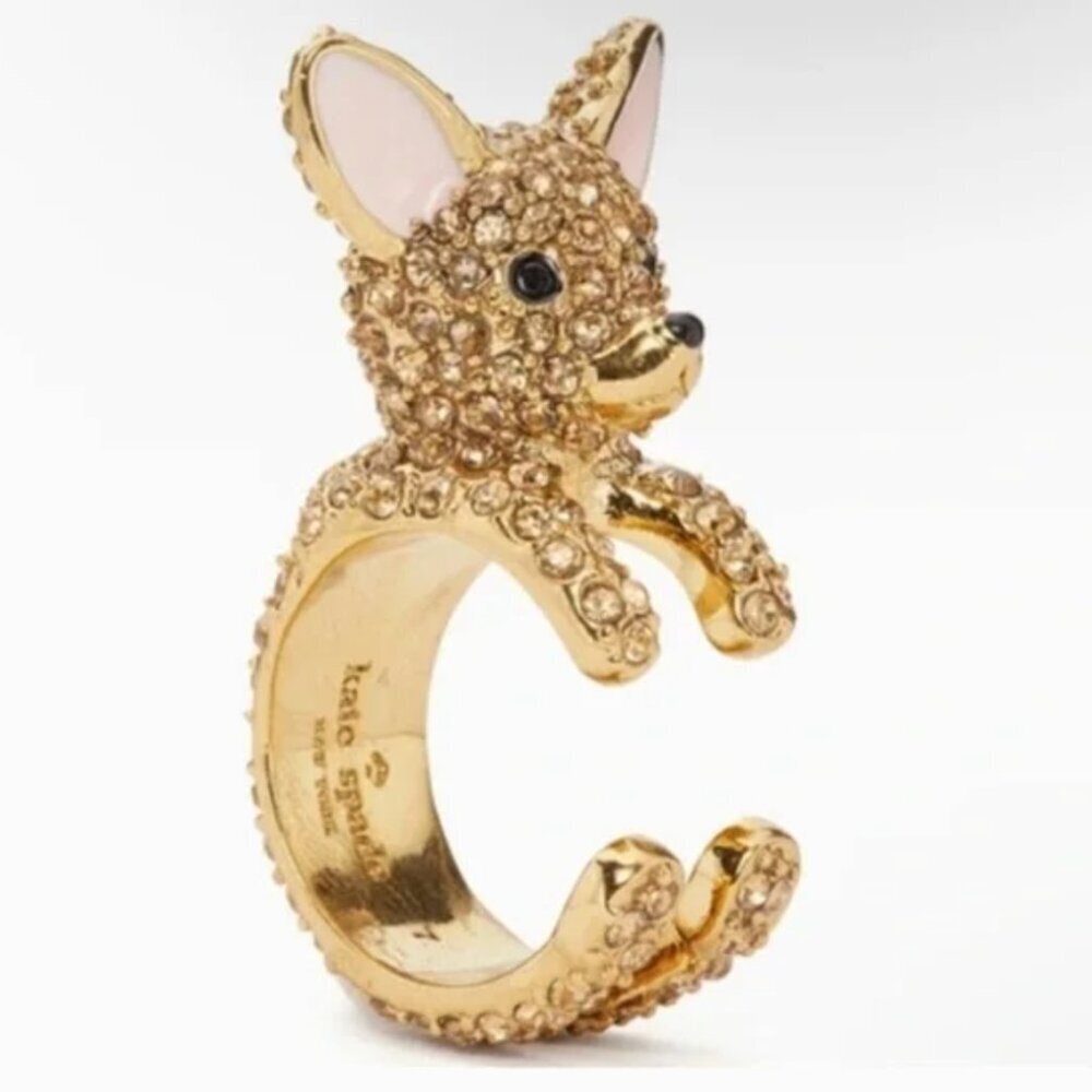 Kate Spade Haute Chihuahua Dog Cocktail Wrap Ring 12k Gold Plated Jeweled Size 7